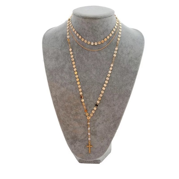 Golden Multilayer Coin Cross Necklace - Picture 2 of 4